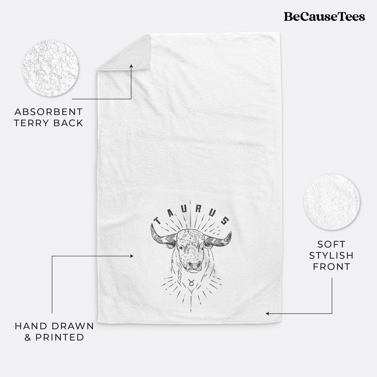 White hand towel printed with a black ink bull's head with the word Taurus, for the Taurus zodiac sign.