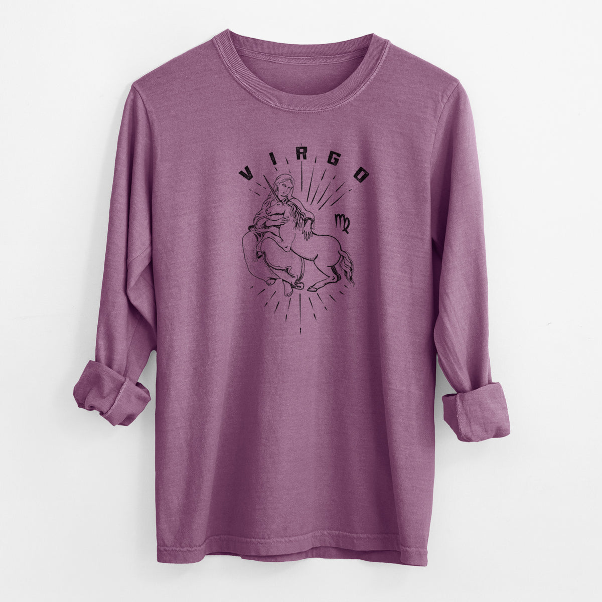 Berry pink Comfort Colors long sleeve shirt laid flat with the cuffs rolled, printed with a black ink woman holding wheat with the word Virgo, for the Virgo zodiac sign.