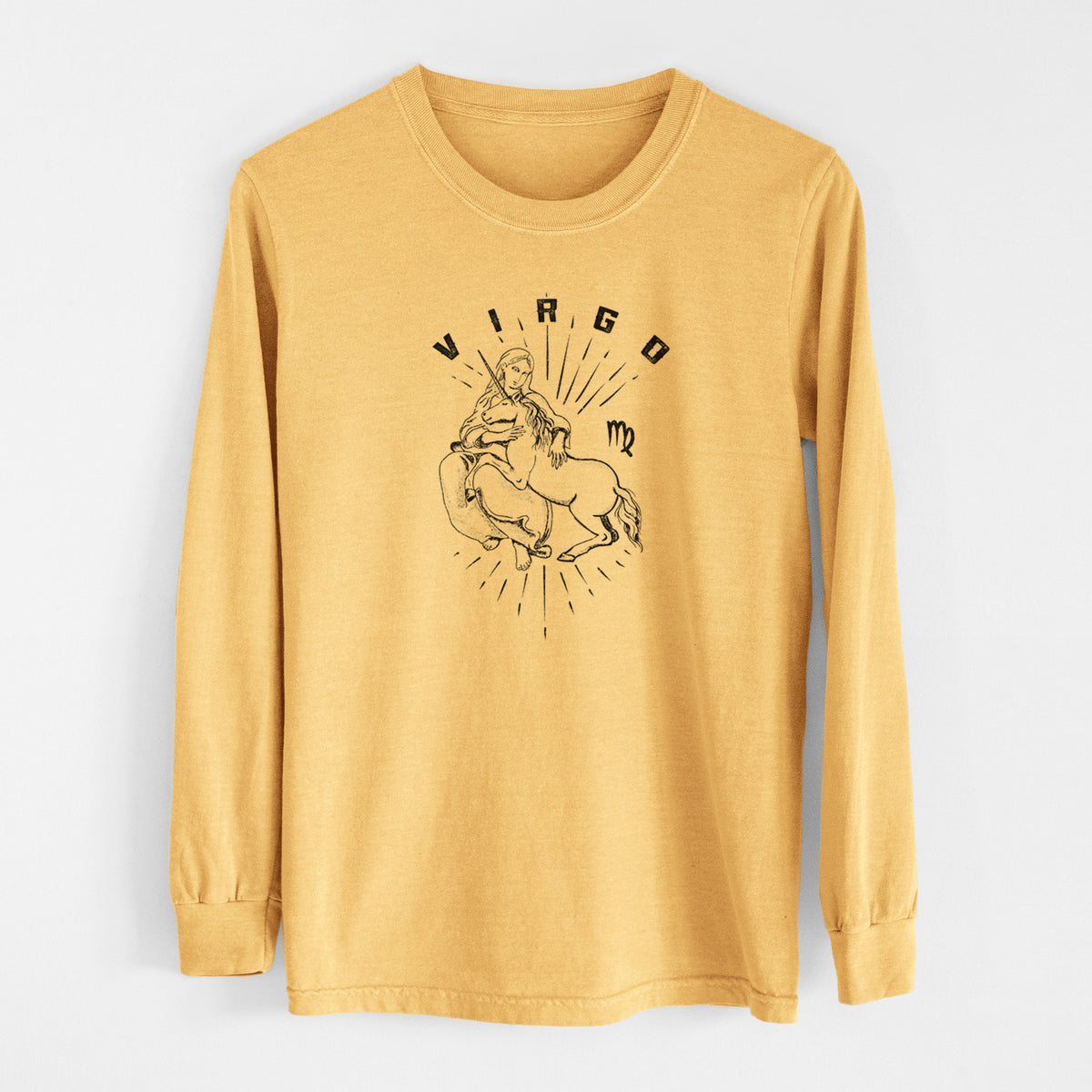 Golden wheat yellow Comfort Colors long sleeve shirt laid flat, printed with a black ink woman holding wheat with the word Virgo, for the Virgo zodiac sign.