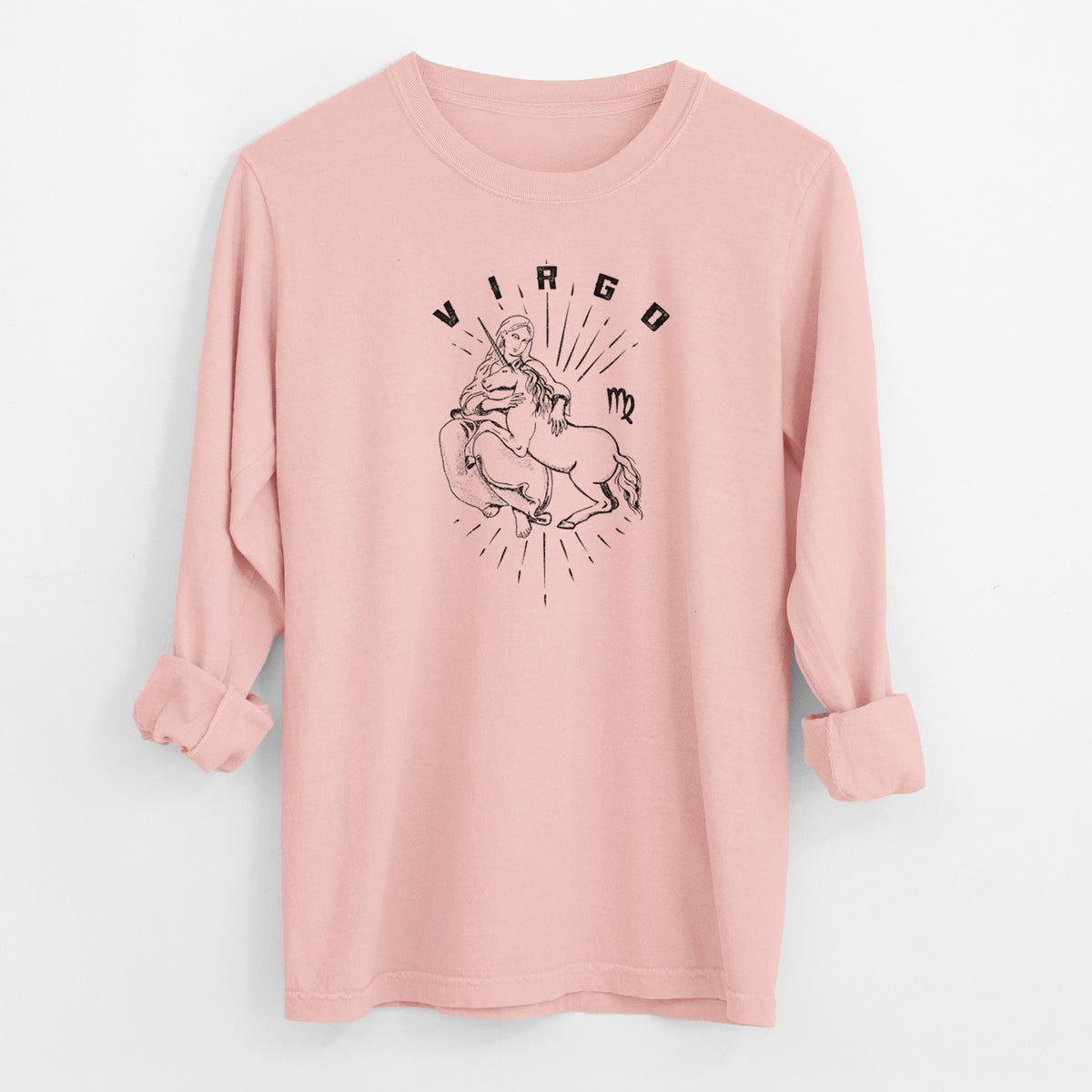 Peachy Comfort Colors long sleeve shirt laid flat with the cuffs rolled, printed with a black ink woman holding wheat with the word Virgo, for the Virgo zodiac sign.