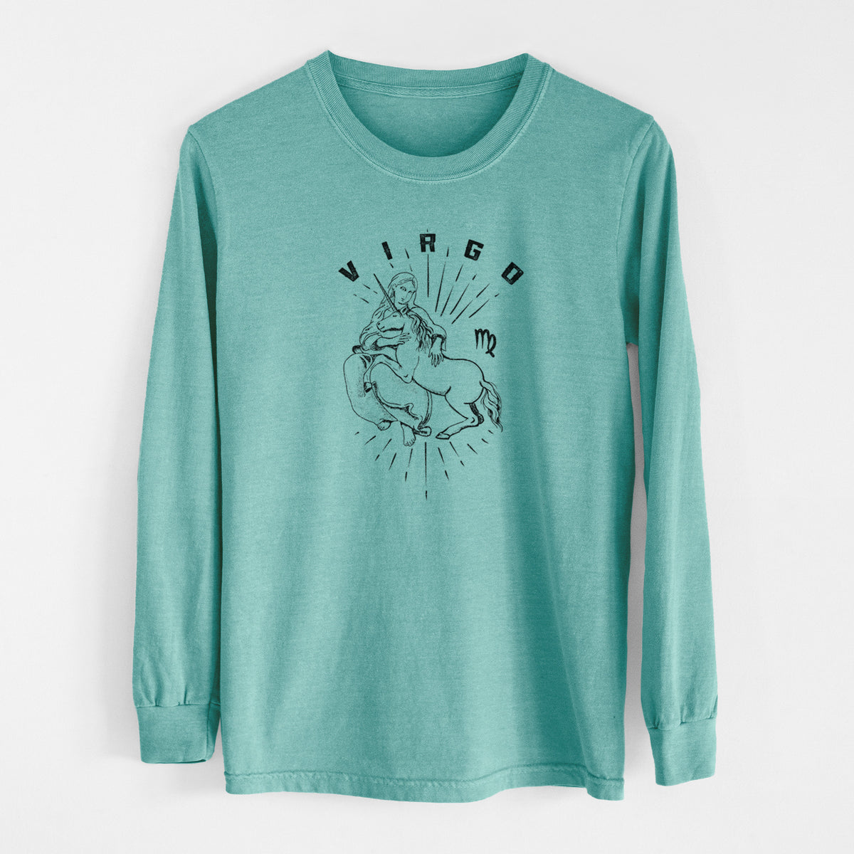 Reef green Comfort Colors long sleeve shirt laid flat, printed with a black ink woman holding wheat with the word Virgo, for the Virgo zodiac sign.