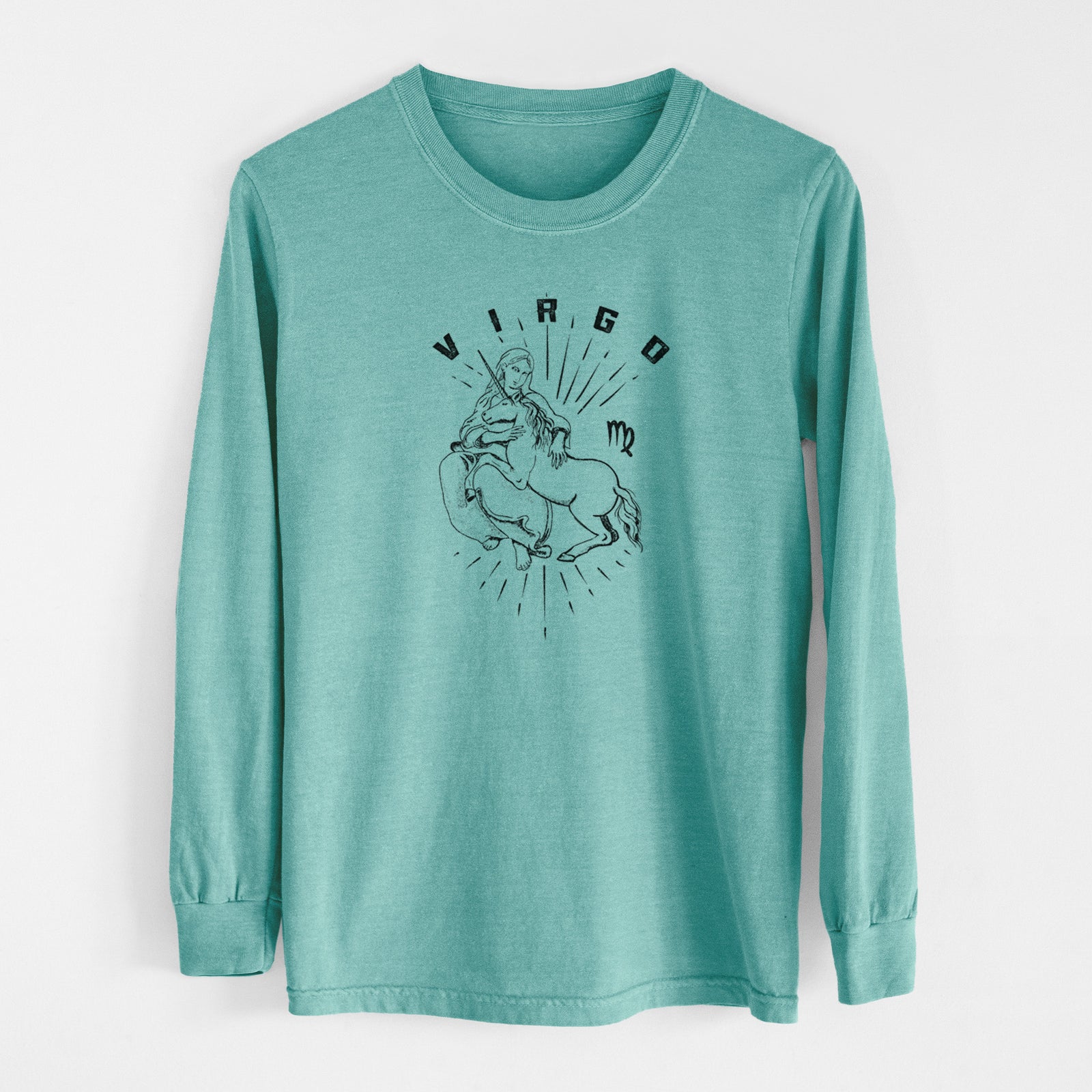 Reef green Comfort Colors long sleeve shirt laid flat, printed with a black ink woman holding wheat with the word Virgo, for the Virgo zodiac sign.