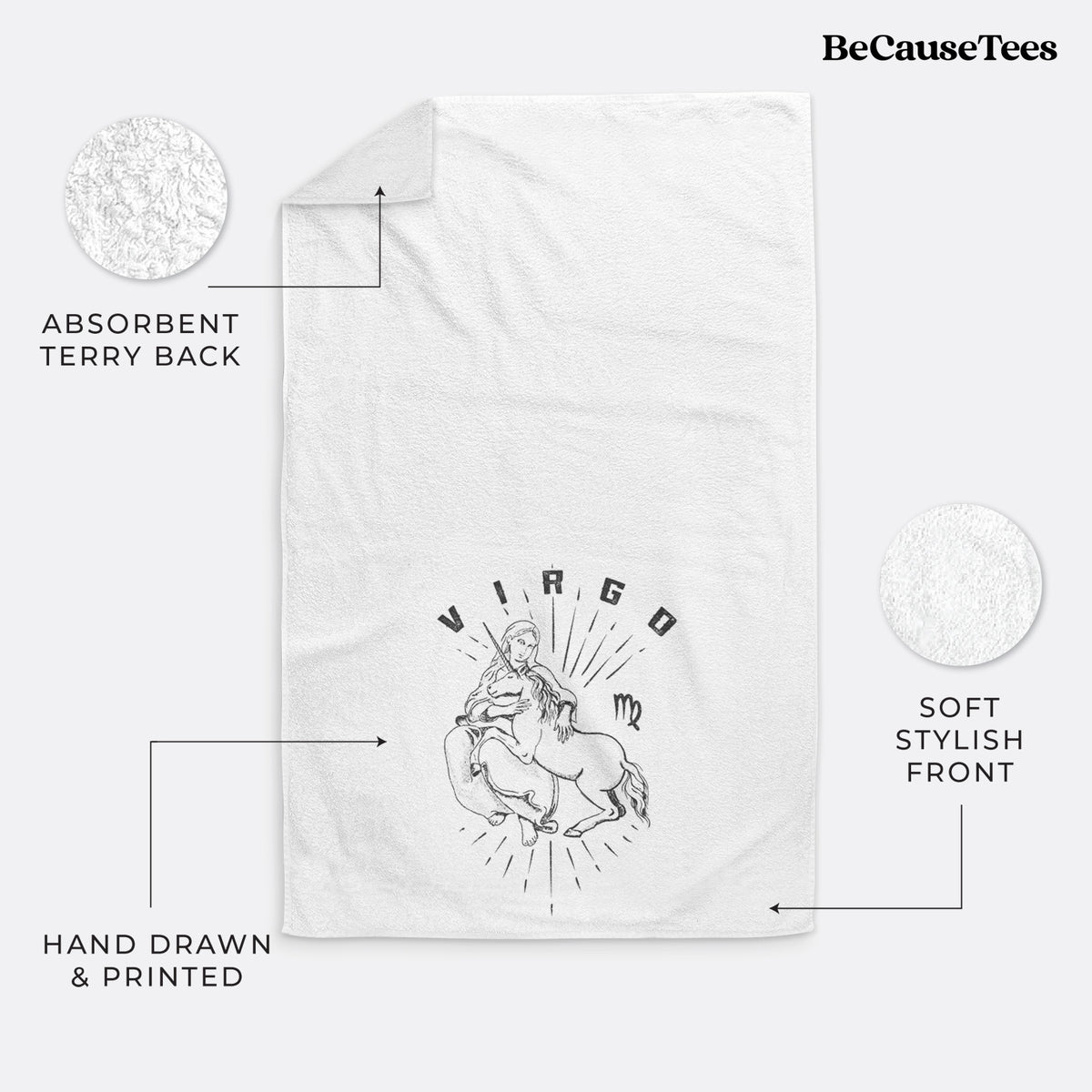 White hand towel printed with a black ink woman holding wheat with the word Virgo, for the Virgo zodiac sign.
