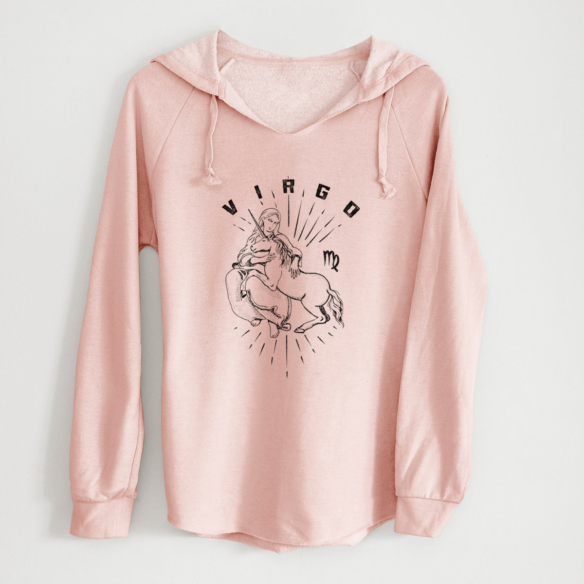 Blush pink women's Cali Wave hooded sweatshirt laid flat, printed with a black ink woman holding wheat with the word Virgo, for the Virgo zodiac sign.