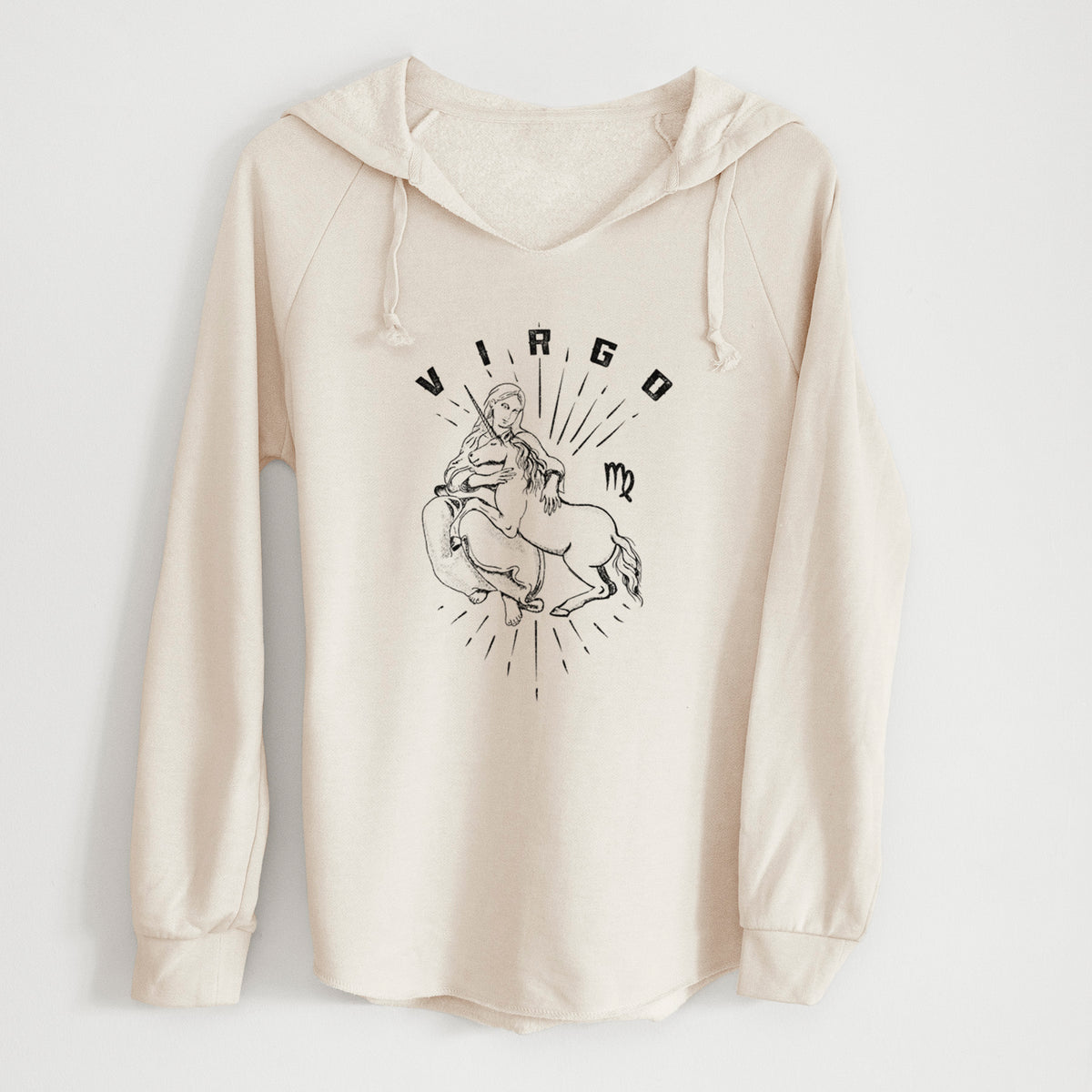 Bone cream women's Cali Wave hooded sweatshirt laid flat, printed with a black ink woman holding wheat with the word Virgo, for the Virgo zodiac sign.