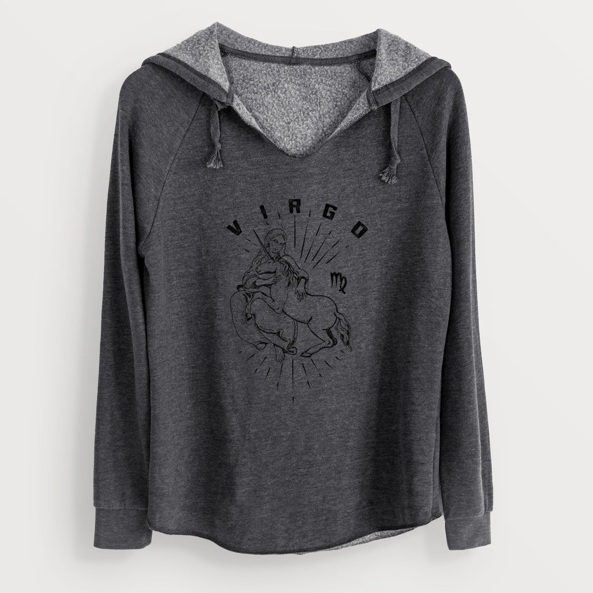 Charcoal grey women's Cali Wave hooded sweatshirt laid flat, printed with a black ink woman holding wheat with the word Virgo, for the Virgo zodiac sign.