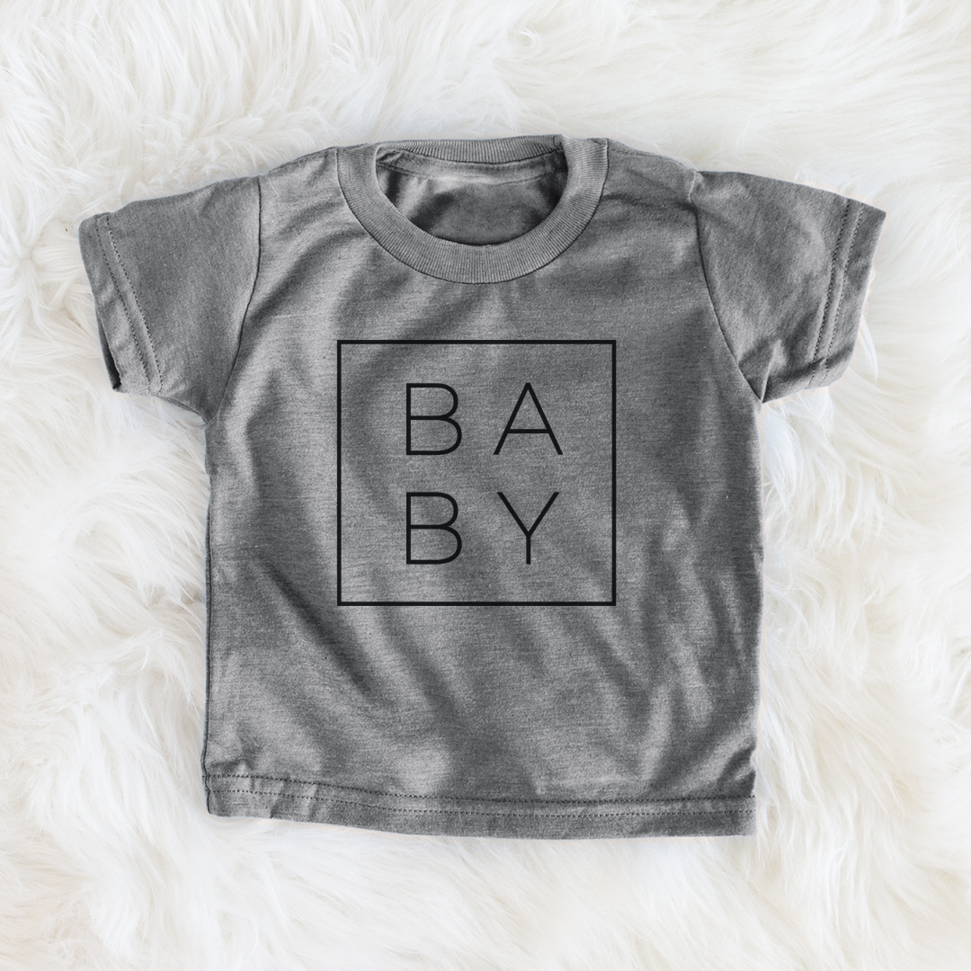 Heather grey infant t-shirt printed with the word BABY in thin black letters inside a square outline, closeout sale.