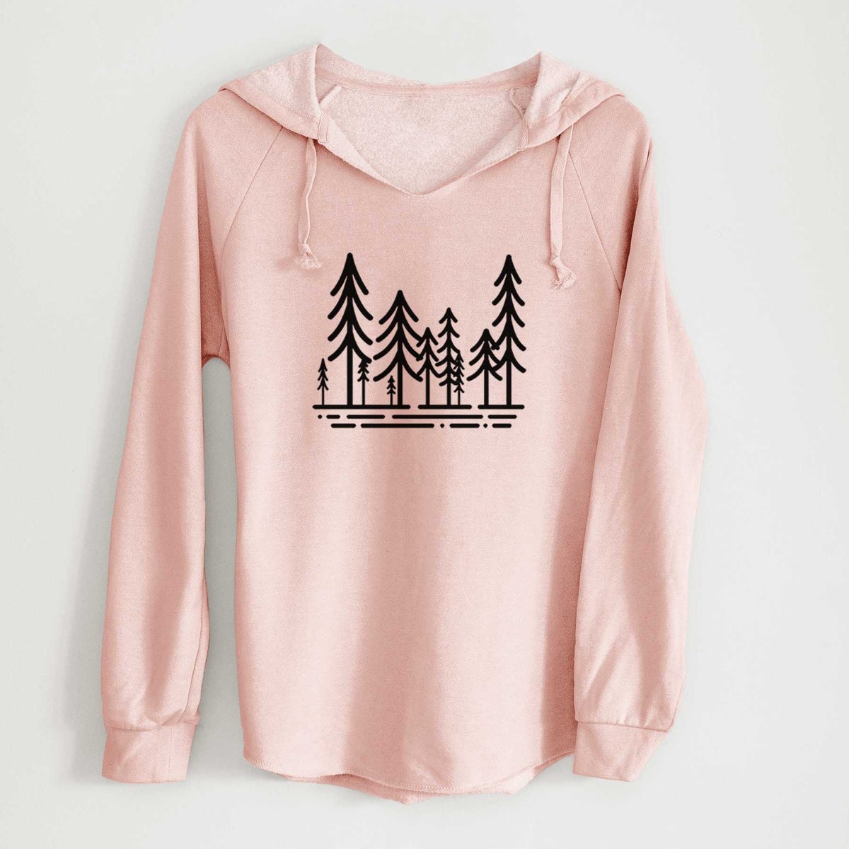 Blush pink women's Cali Wave hooded sweatshirt laid flat, printed with bold black line art of ten simple pine trees above horizontal lines.