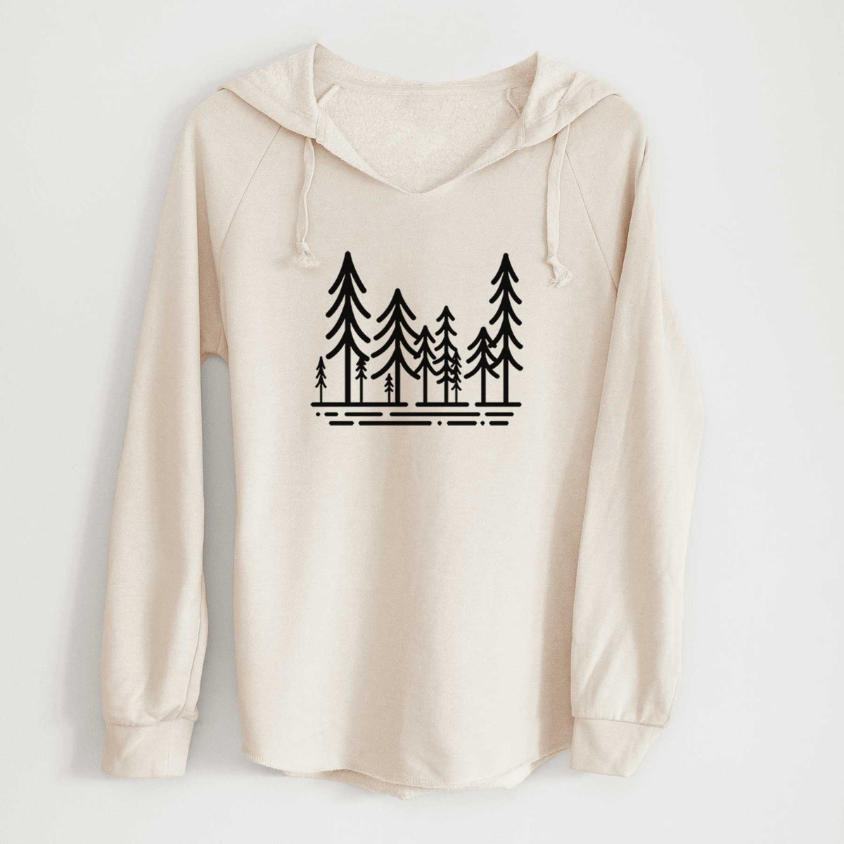 Bone cream women's Cali Wave hooded sweatshirt laid flat, printed with bold black line art of ten simple pine trees above horizontal lines.