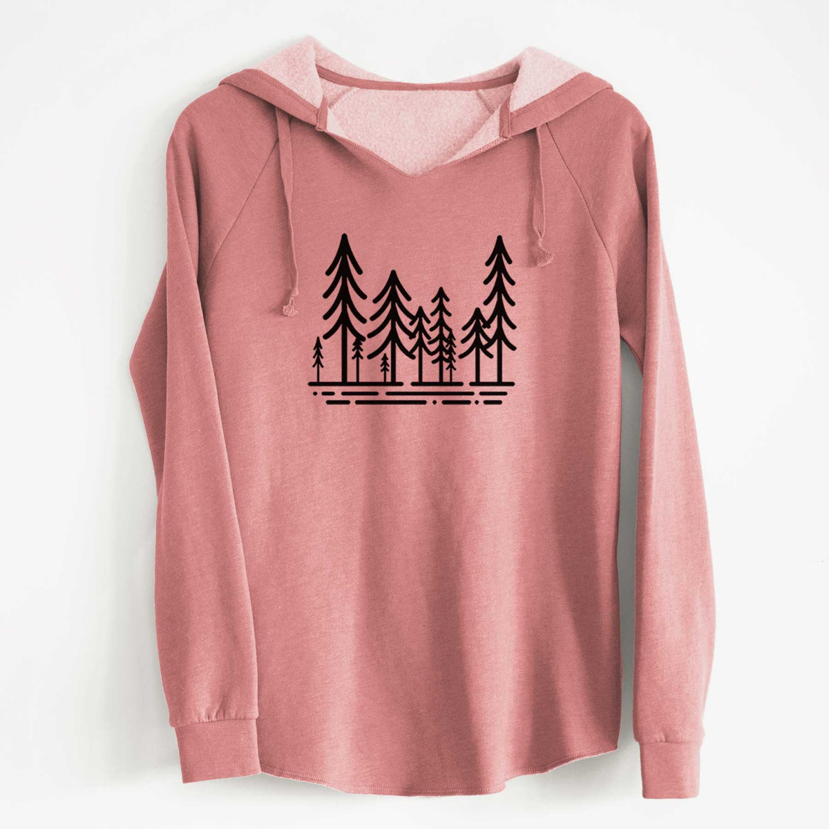 Dusty rose women's Cali Wave hooded sweatshirt laid flat, printed with bold black line art of ten simple pine trees above horizontal lines.