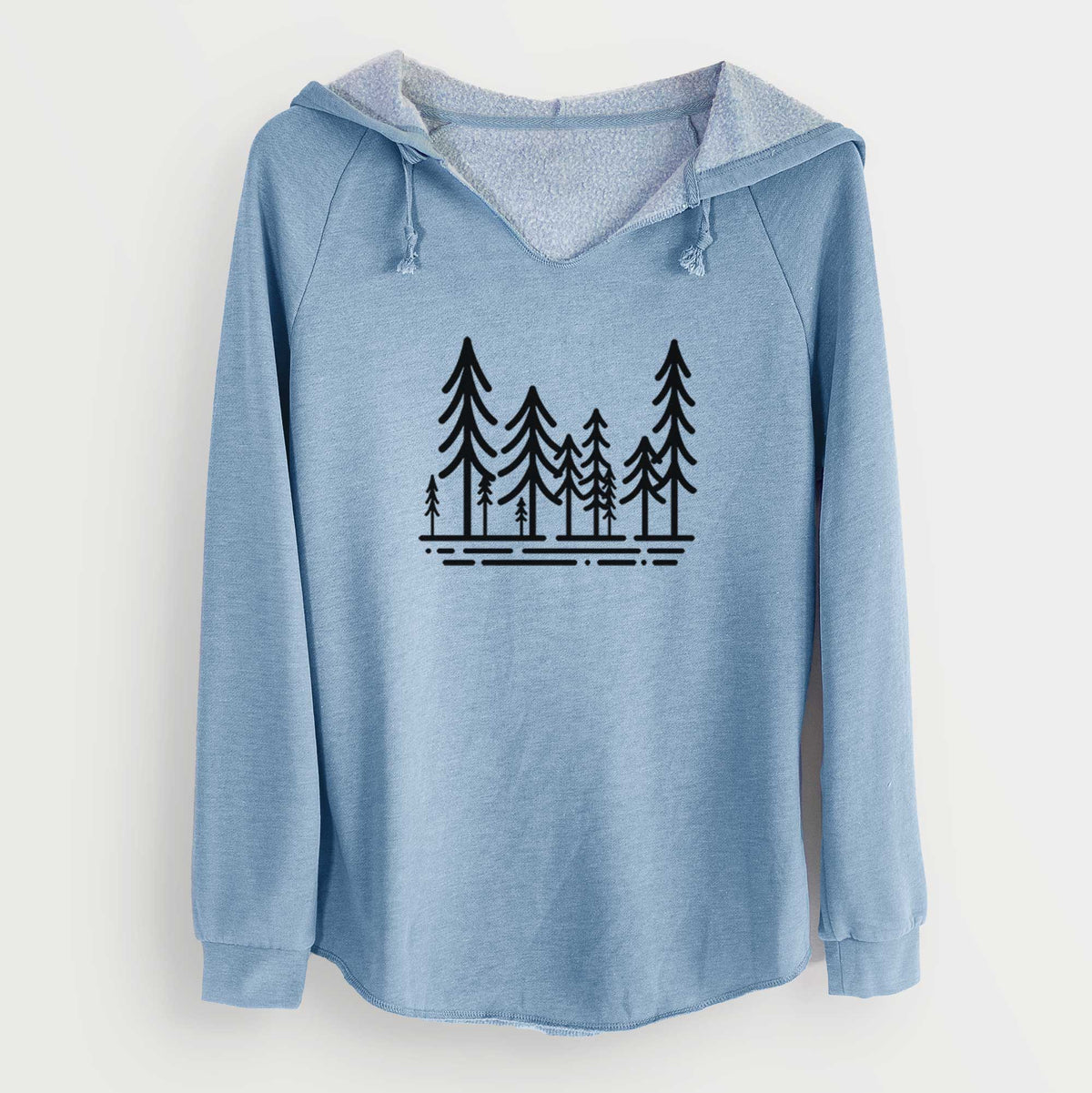 Misty blue women's Cali Wave hooded sweatshirt laid flat, printed with bold black line art of ten simple pine trees above horizontal lines.