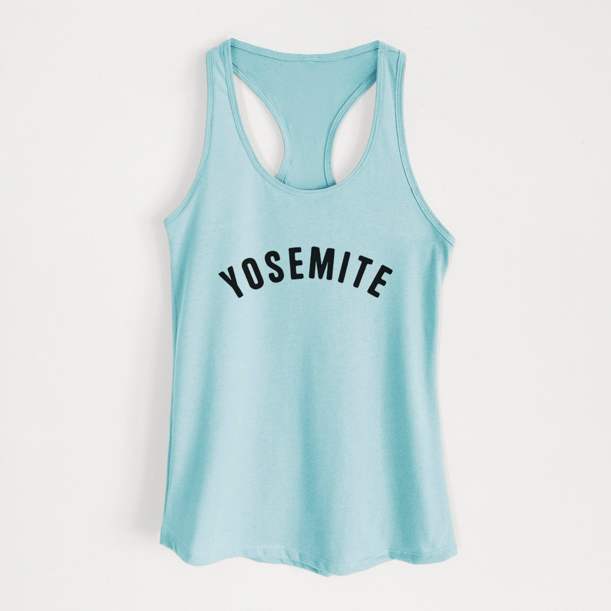 Cancun blue women's racerback tank top laid flat, printed with the word Yosemite in bold black letters arched across the chest.
