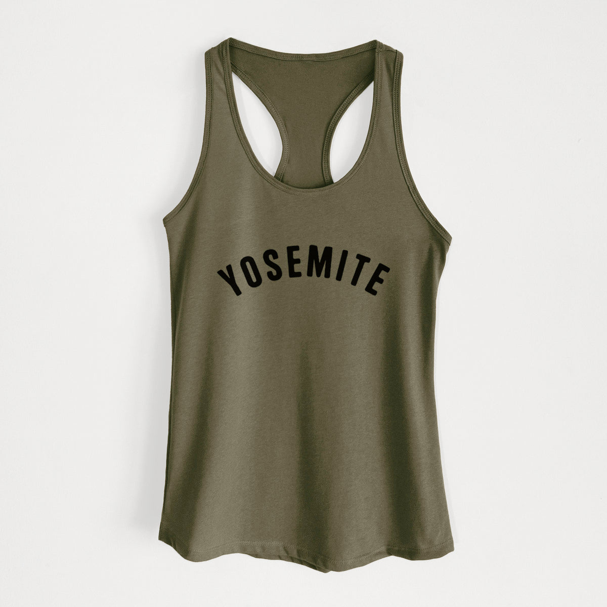 Military green women's racerback tank top laid flat, printed with the word Yosemite in bold black letters arched across the chest.