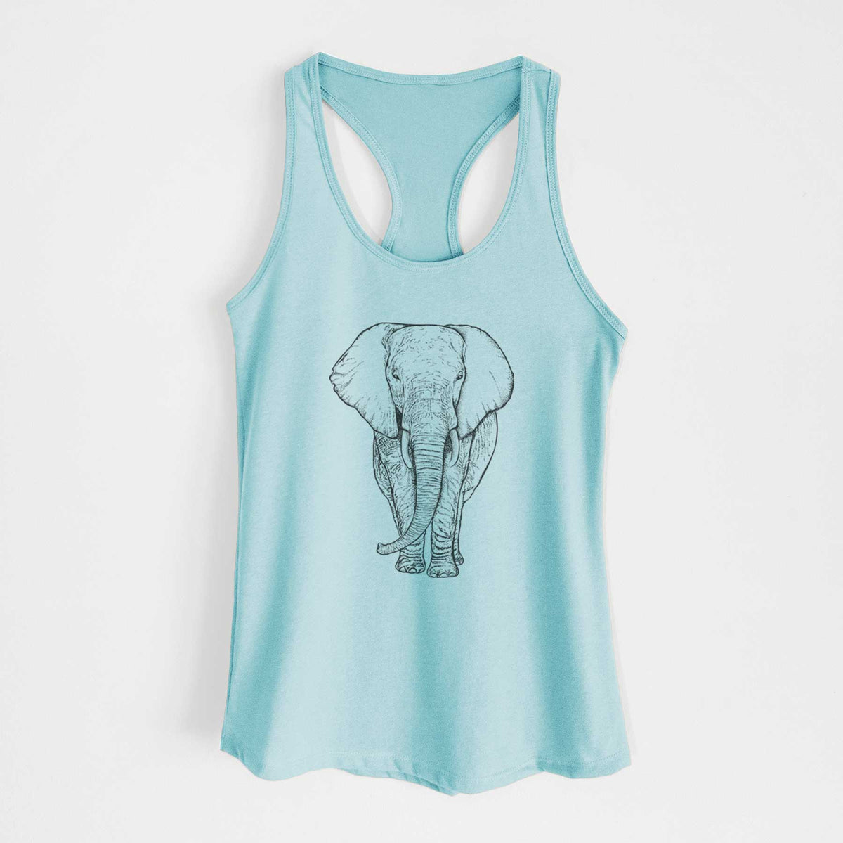 Cancun blue women's racerback tank top laid flat, printed with a black ink line drawing of an African elephant facing forward with large ears and tusks.
