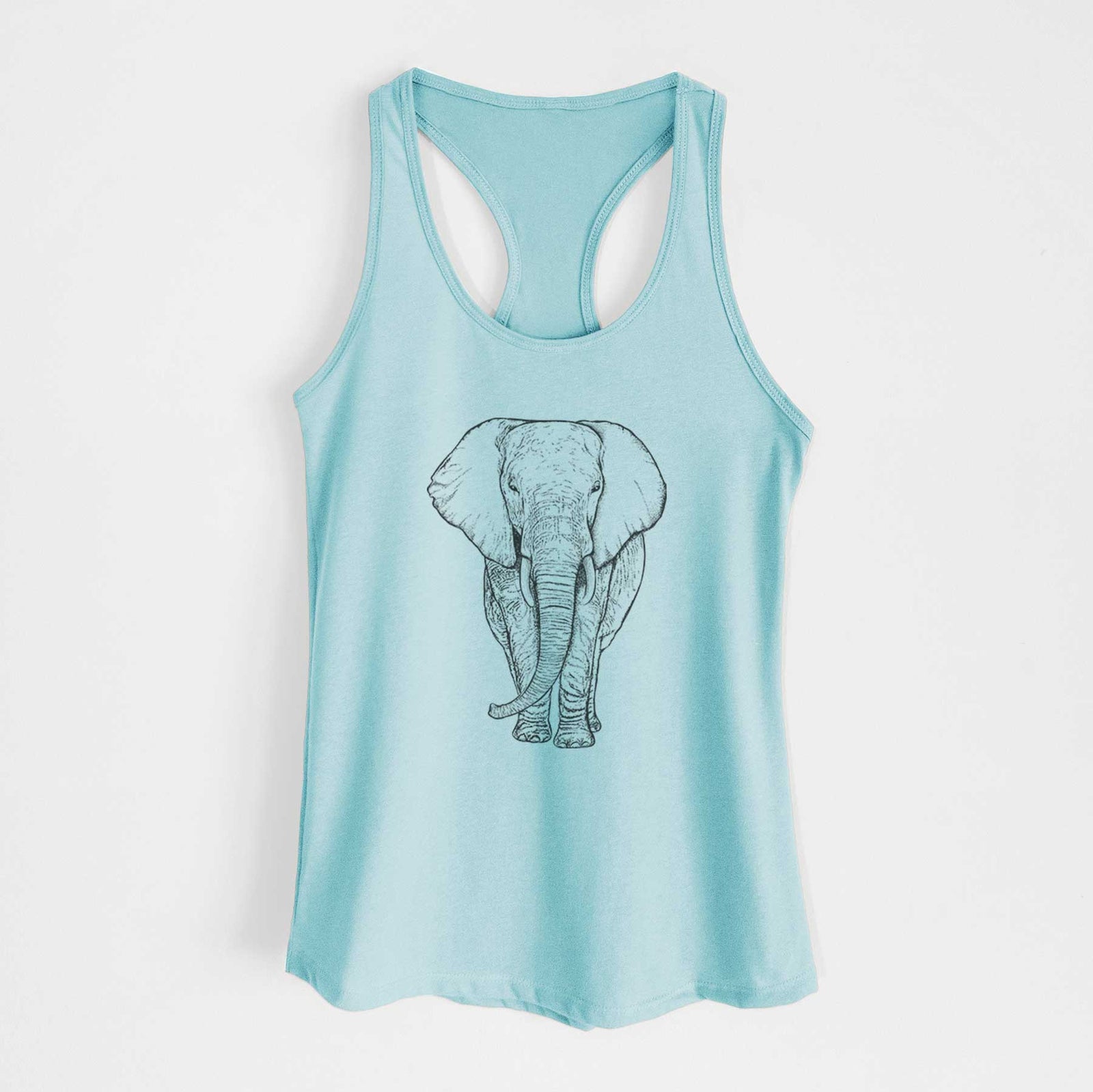 Banana cream women's racerback tank top laid flat, printed with a black ink line drawing of an African elephant facing forward with large ears and tusks.