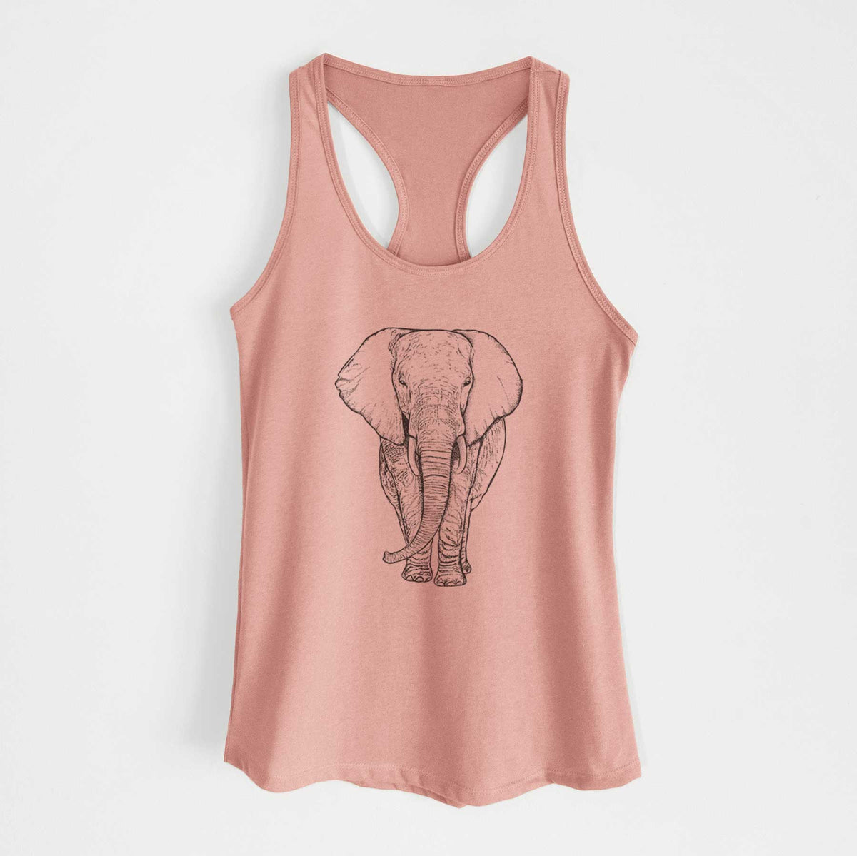 Desert pink women's racerback tank top laid flat, printed with a black ink line drawing of an African elephant facing forward with large ears and tusks.