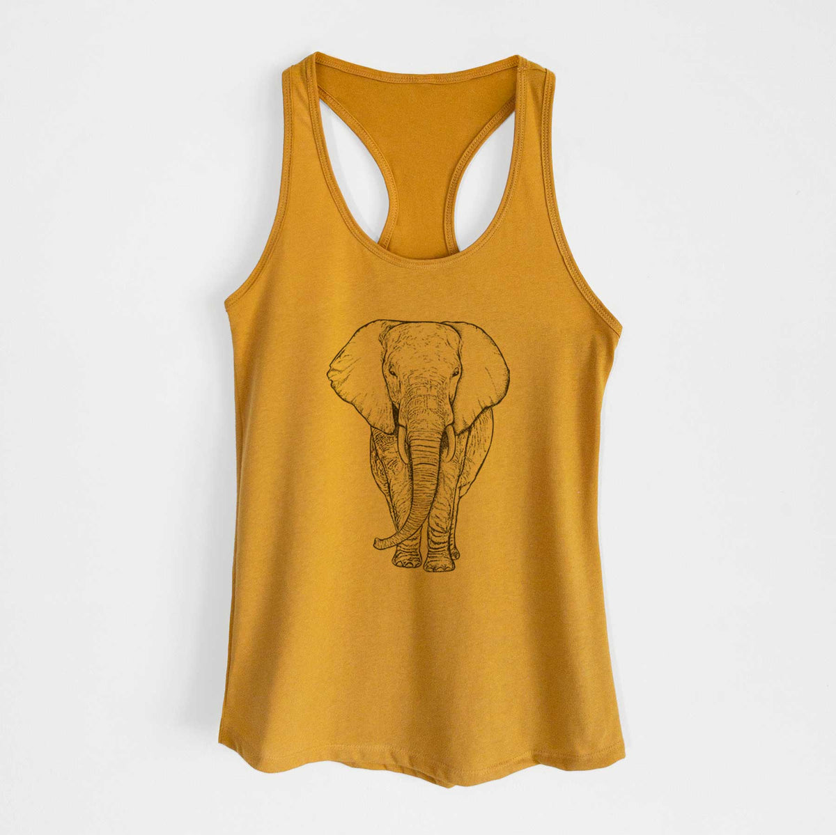 Gold women's racerback tank top laid flat, printed with a black ink line drawing of an African elephant facing forward with large ears and tusks.
