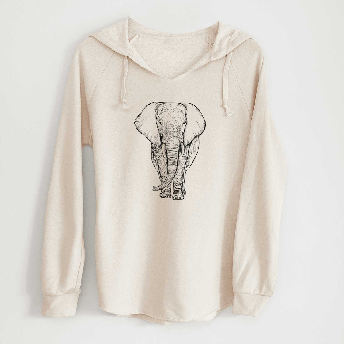 Bone cream women's Cali Wave hooded sweatshirt laid flat, printed with a black ink line drawing of an African elephant facing forward with large ears and tusks.
