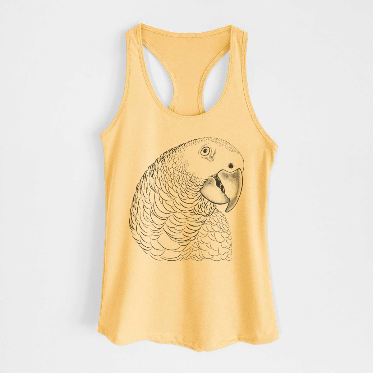 Banana cream women's racerback tank top laid flat, printed with a detailed black ink portrait of an African grey parrot's head.