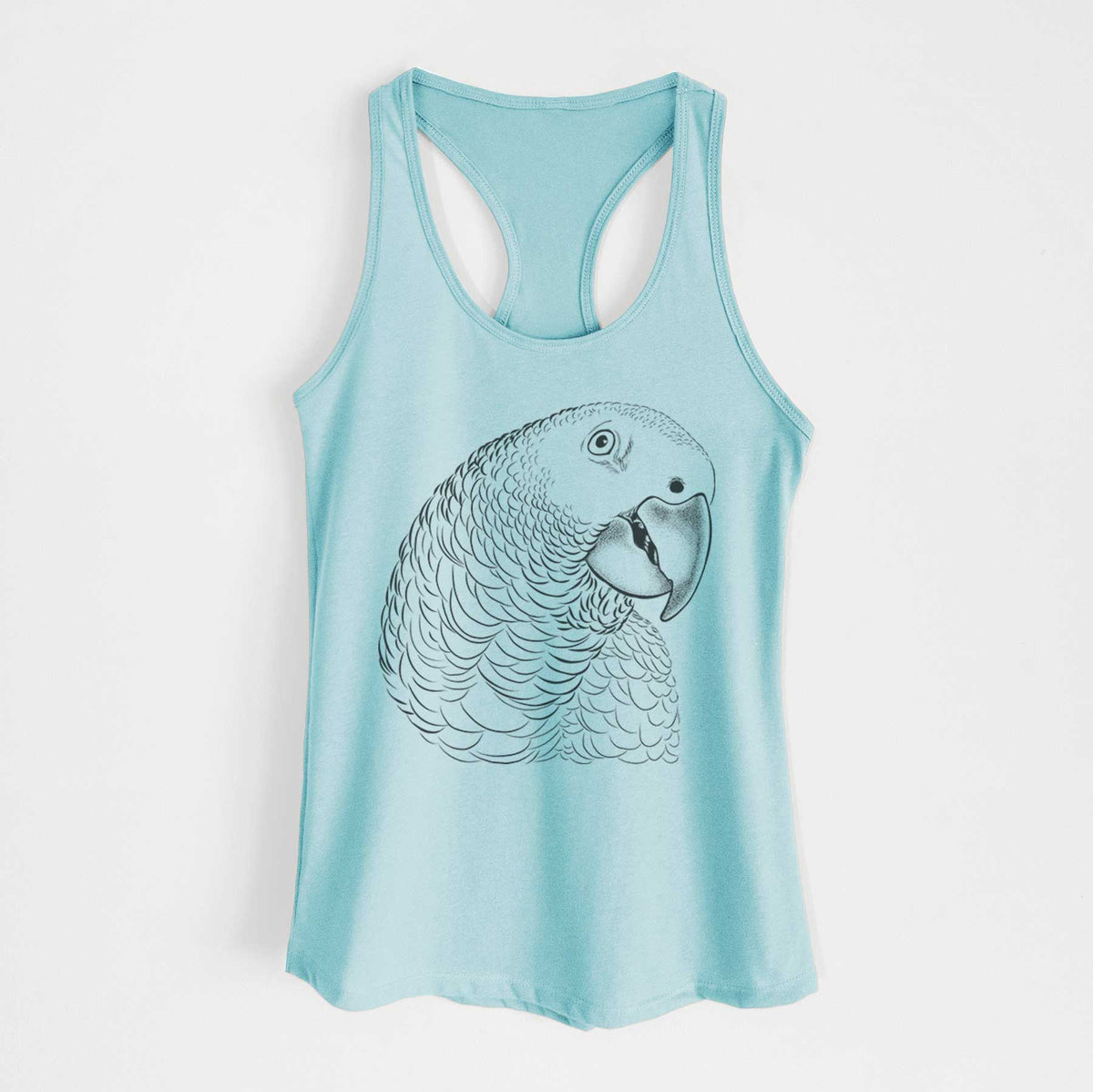 Cancun blue women's racerback tank top laid flat, printed with a detailed black ink portrait of an African grey parrot's head.