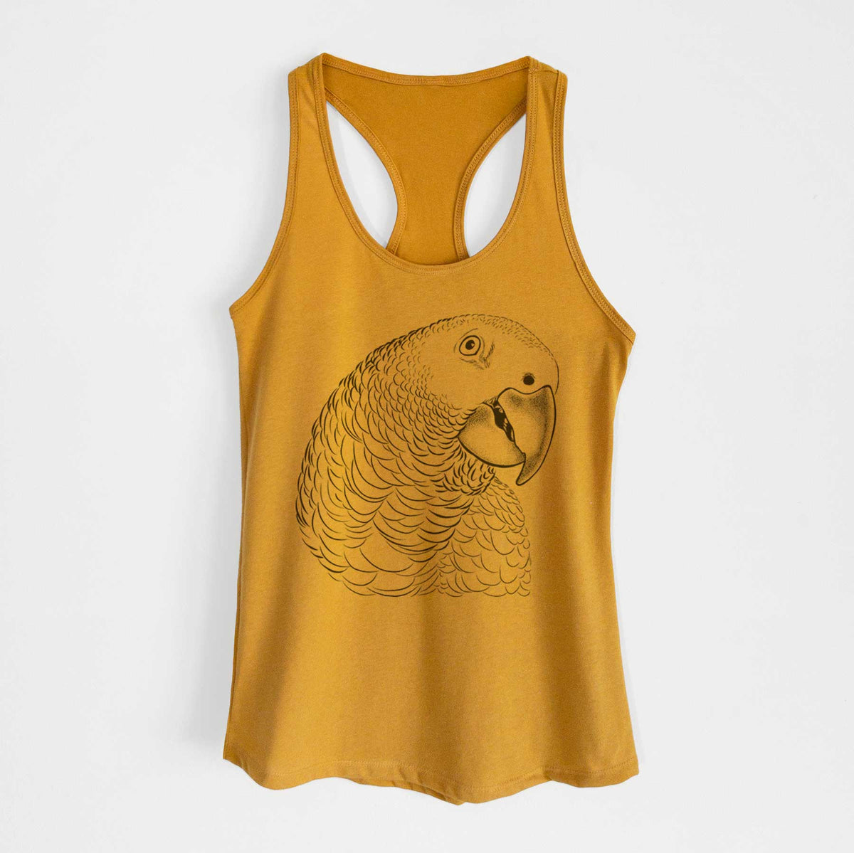 Gold women's racerback tank top laid flat, printed with a detailed black ink portrait of an African grey parrot's head.