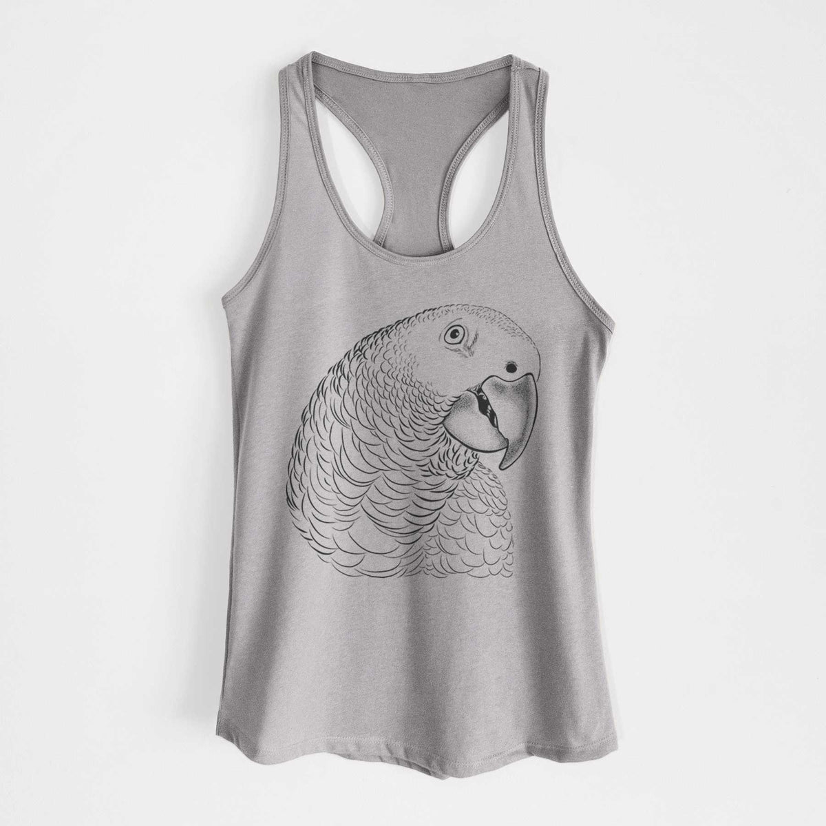 Heather grey women's racerback tank top laid flat, printed with a detailed black ink portrait of an African grey parrot's head.