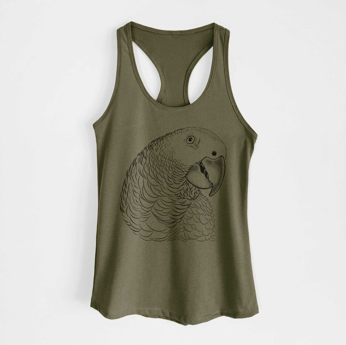 Military green women's racerback tank top laid flat, printed with a detailed black ink portrait of an African grey parrot's head.