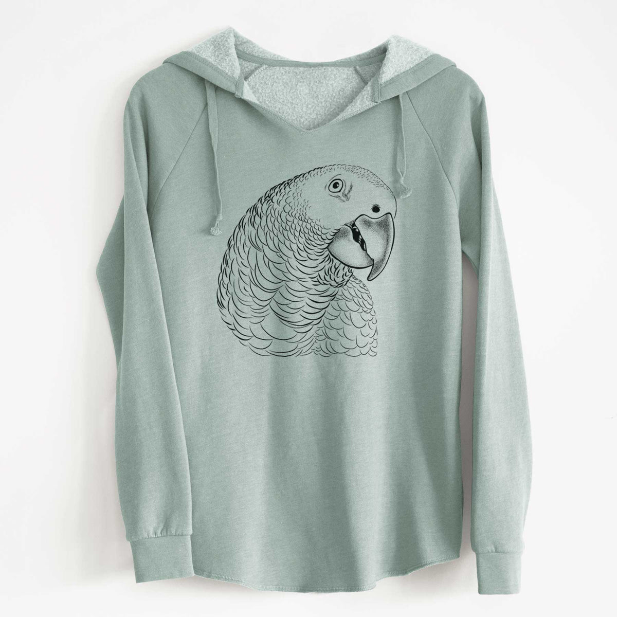 Sage green women's Cali Wave hooded sweatshirt laid flat, printed with a detailed black ink portrait of an African grey parrot's head.
