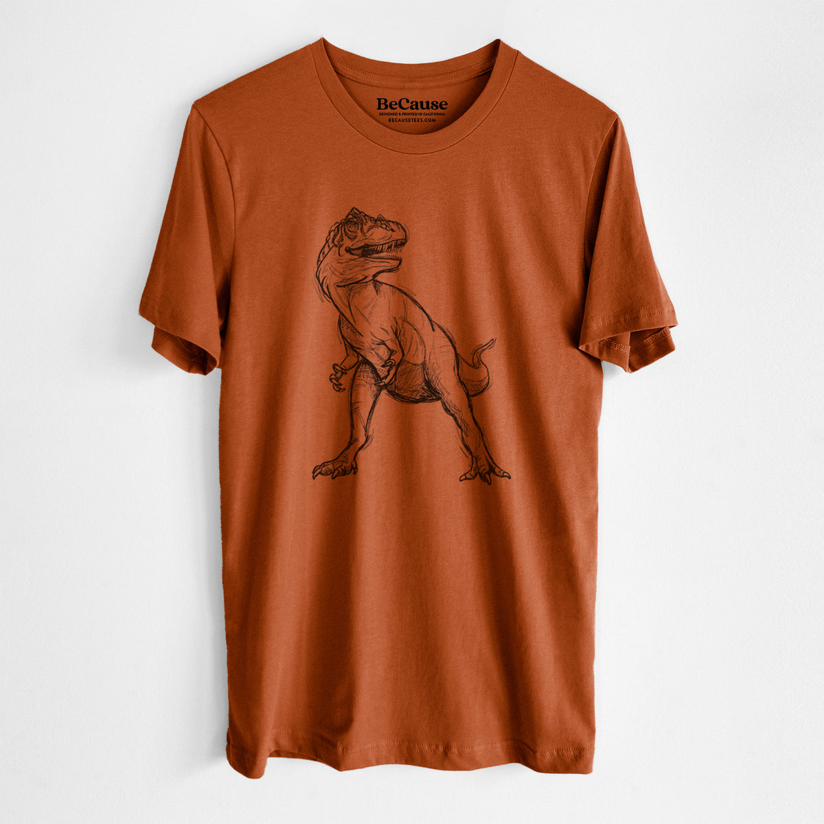 Autumn lightweight cotton t-shirt laid flat, printed with a black ink illustration of an Allosaurus walking.