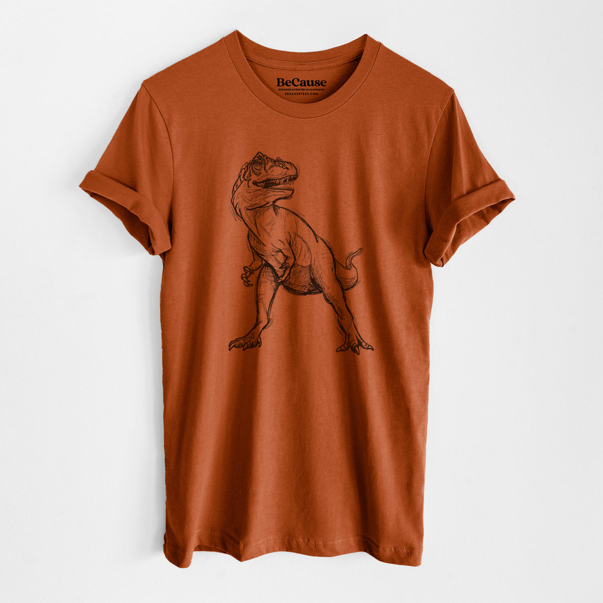 Autumn lightweight cotton t-shirt laid flat, printed with a black ink illustration of an Allosaurus walking.