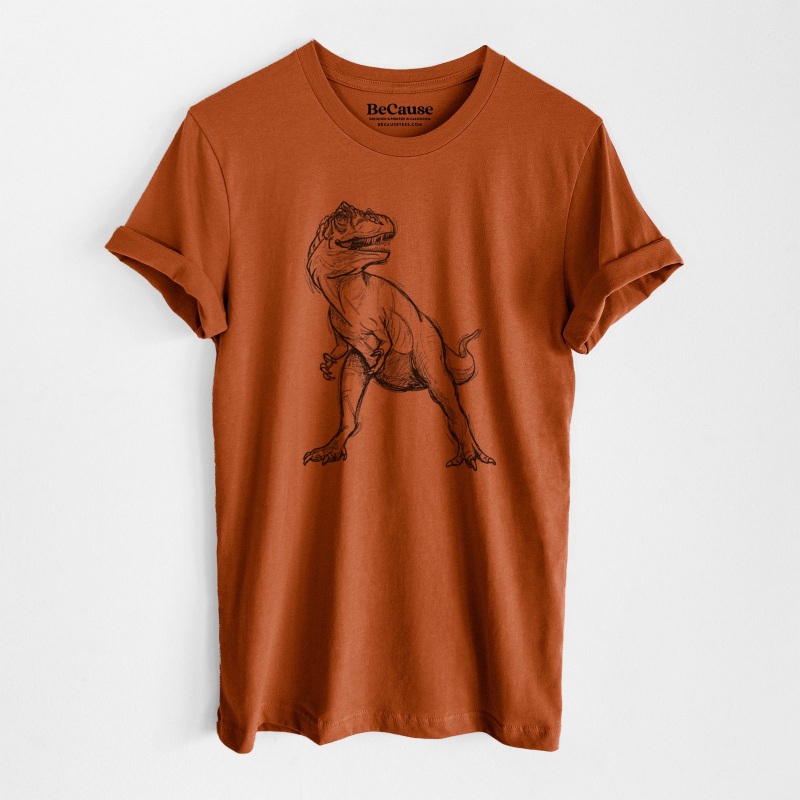 Autumn lightweight cotton t-shirt laid flat, printed with a black ink illustration of an Allosaurus walking.