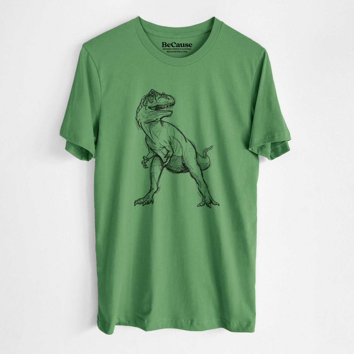 Leaf green lightweight cotton t-shirt laid flat, printed with a black ink illustration of an Allosaurus walking.