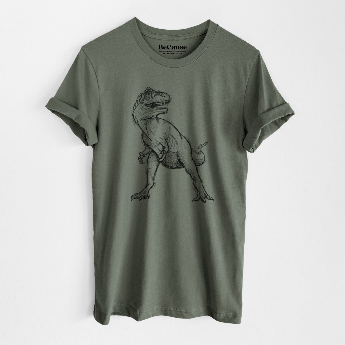 Military green lightweight cotton t-shirt laid flat, printed with a black ink illustration of an Allosaurus walking.