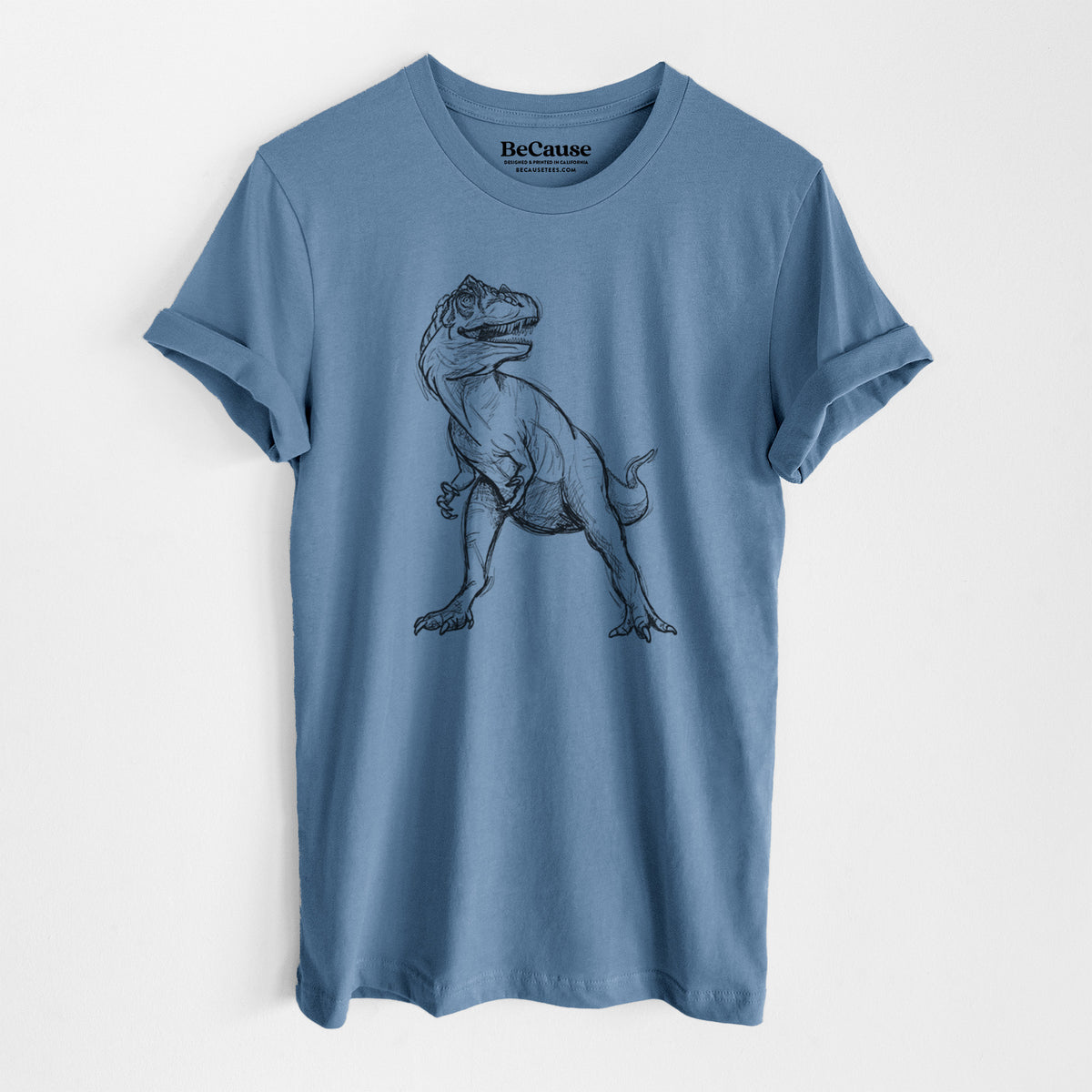 Steel blue lightweight cotton t-shirt laid flat, printed with a black ink illustration of an Allosaurus walking.