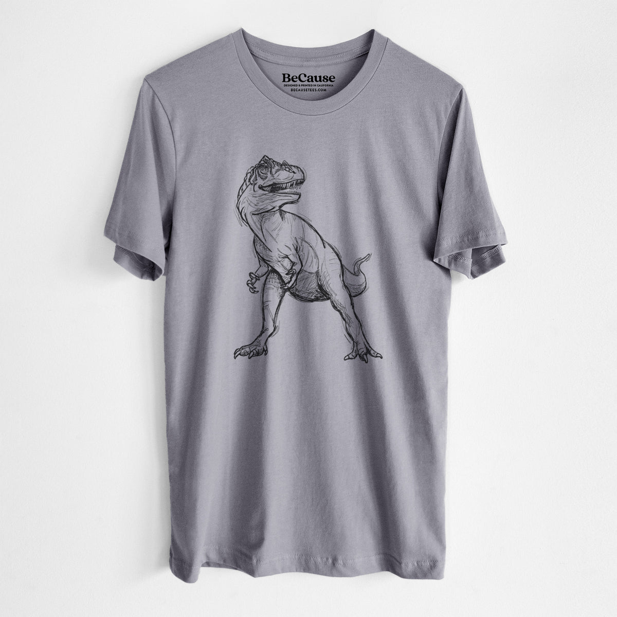 Storm grey lightweight cotton t-shirt laid flat, printed with a black ink illustration of an Allosaurus walking.