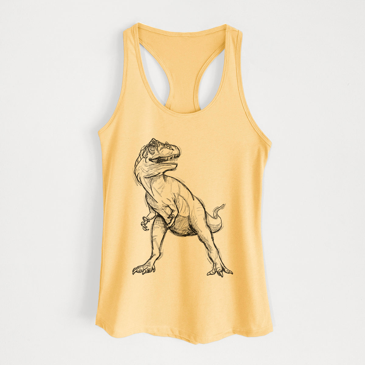 Banana cream women's racerback tank top laid flat, printed with a black ink illustration of an Allosaurus walking.