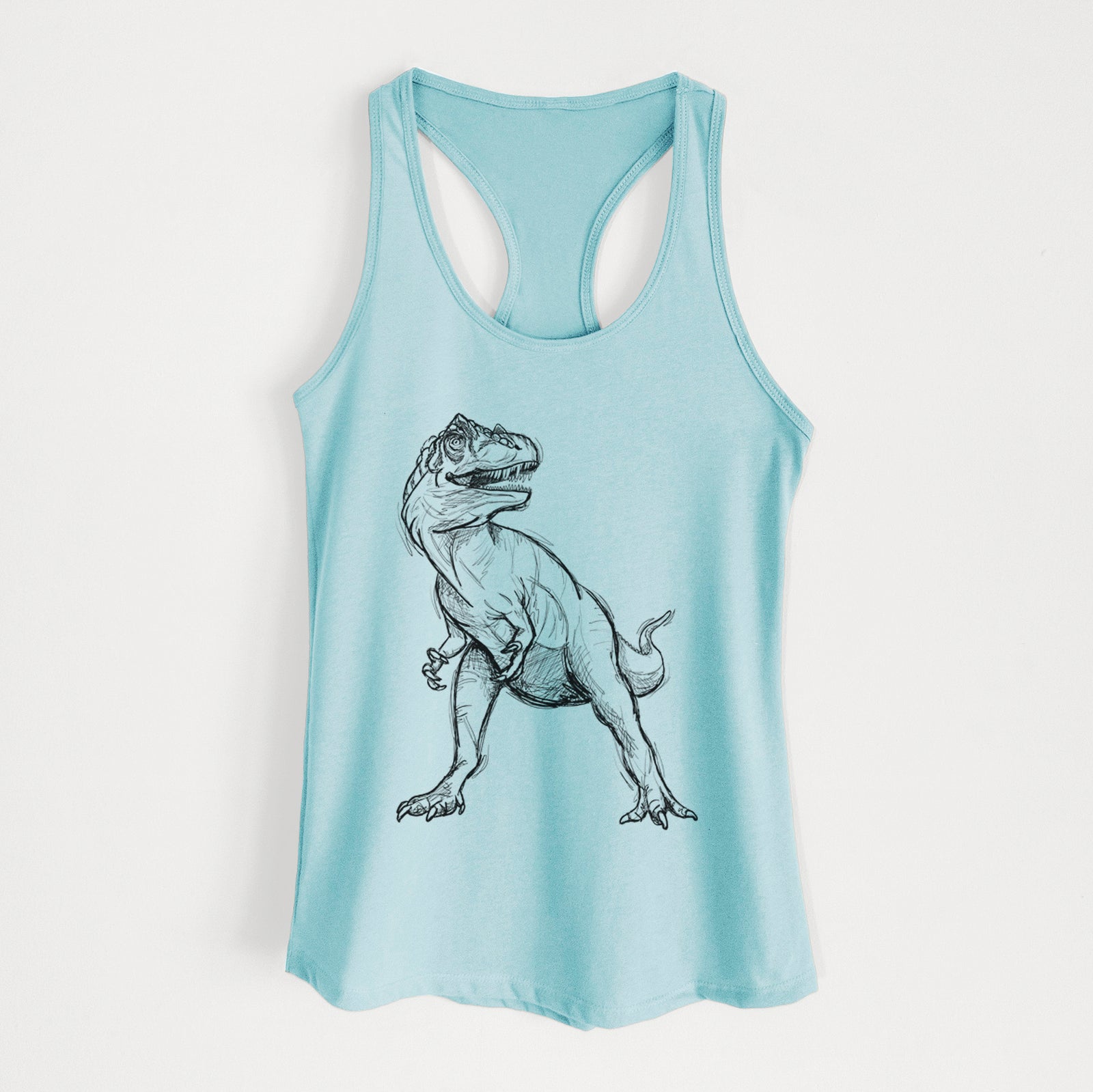 Banana cream women's racerback tank top laid flat, printed with a black ink illustration of an Allosaurus walking.