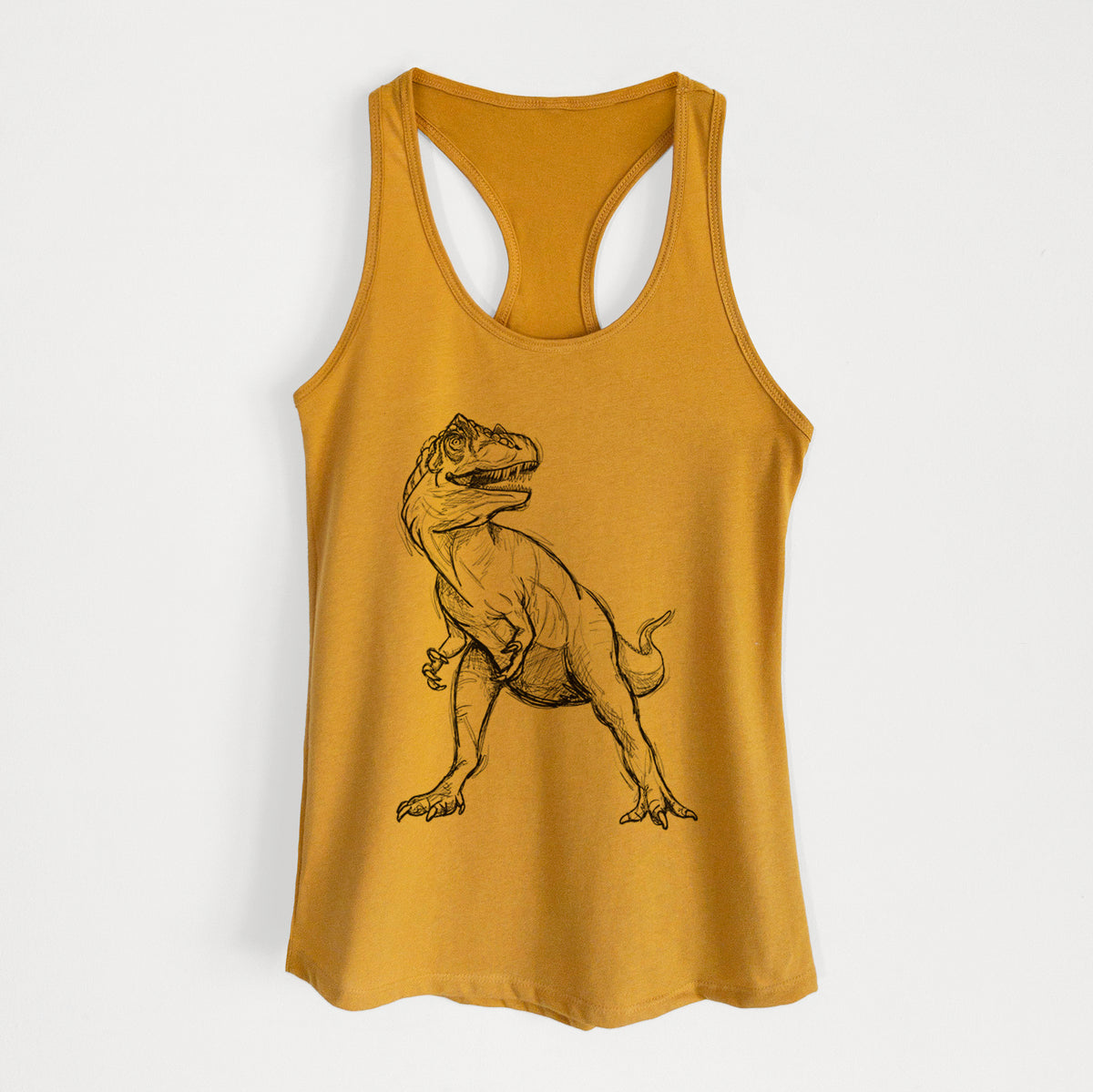 Gold women's racerback tank top laid flat, printed with a black ink illustration of an Allosaurus walking.