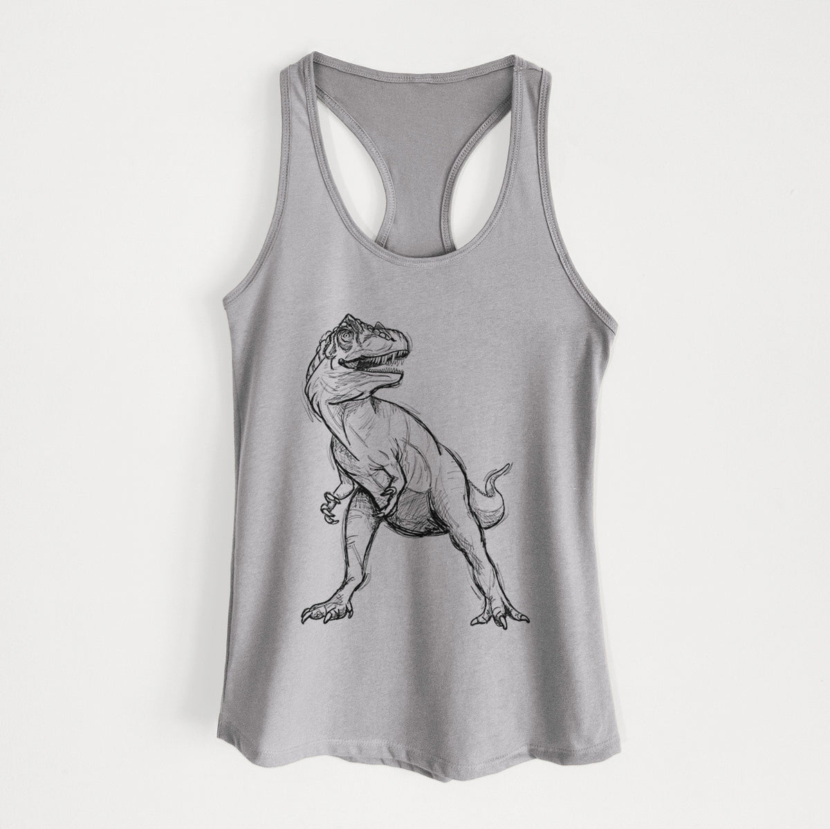 Heather grey women's racerback tank top laid flat, printed with a black ink illustration of an Allosaurus walking.