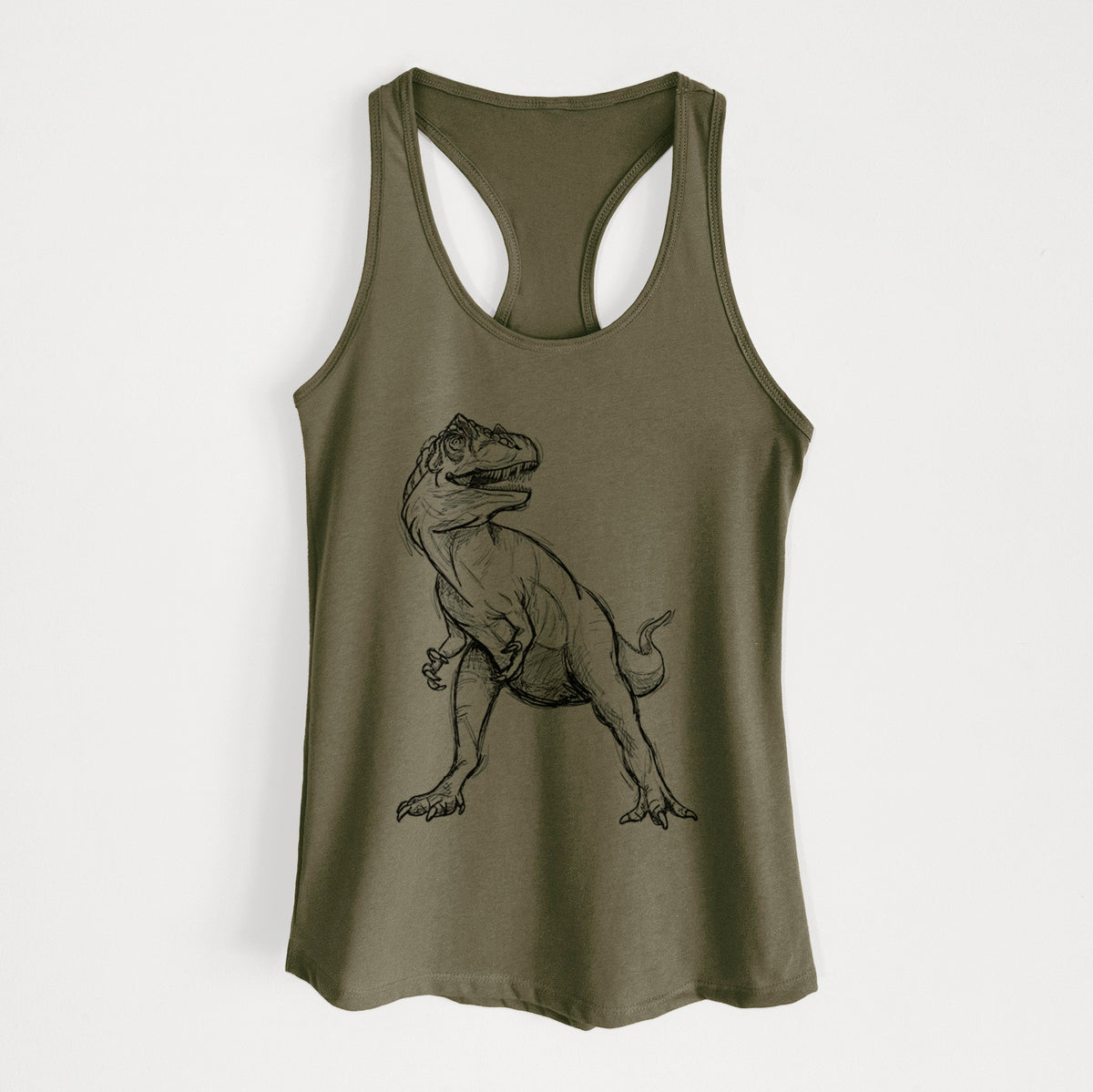 Military green women's racerback tank top laid flat, printed with a black ink illustration of an Allosaurus walking.