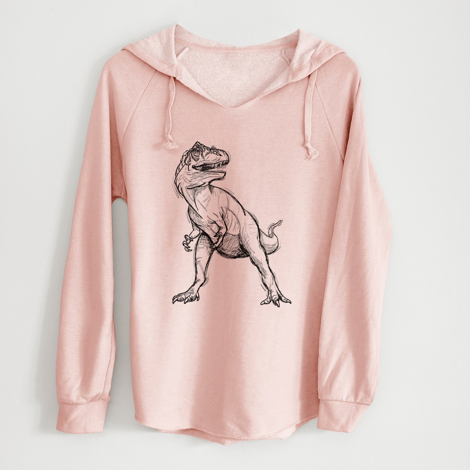 Sage green women's Cali Wave hooded sweatshirt laid flat, printed with a black ink illustration of an Allosaurus walking.