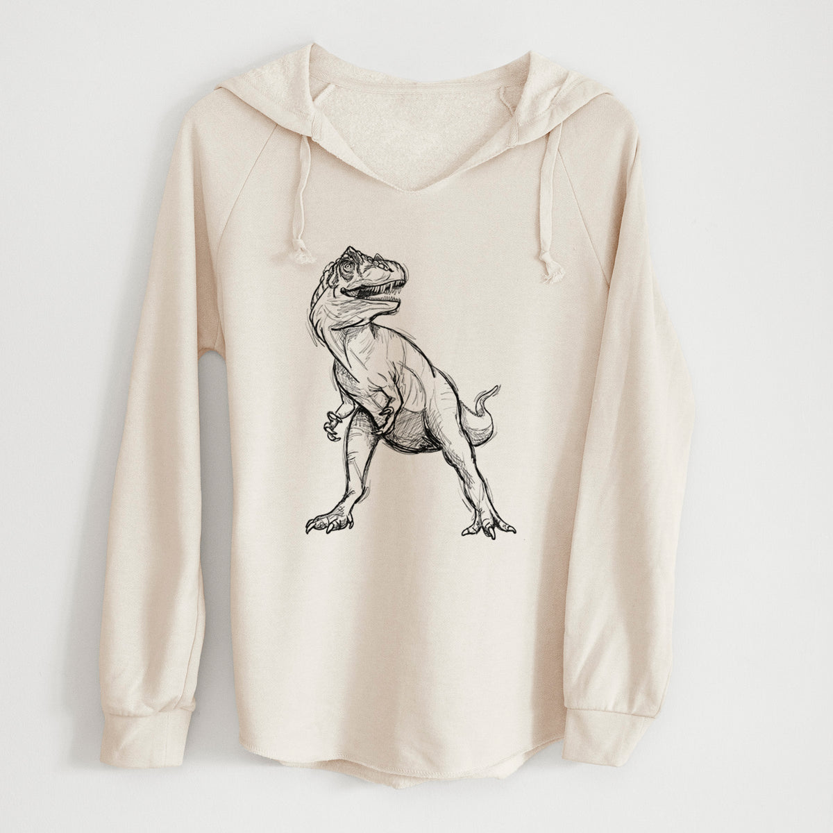 Bone cream women's Cali Wave hooded sweatshirt laid flat, printed with a black ink illustration of an Allosaurus walking.
