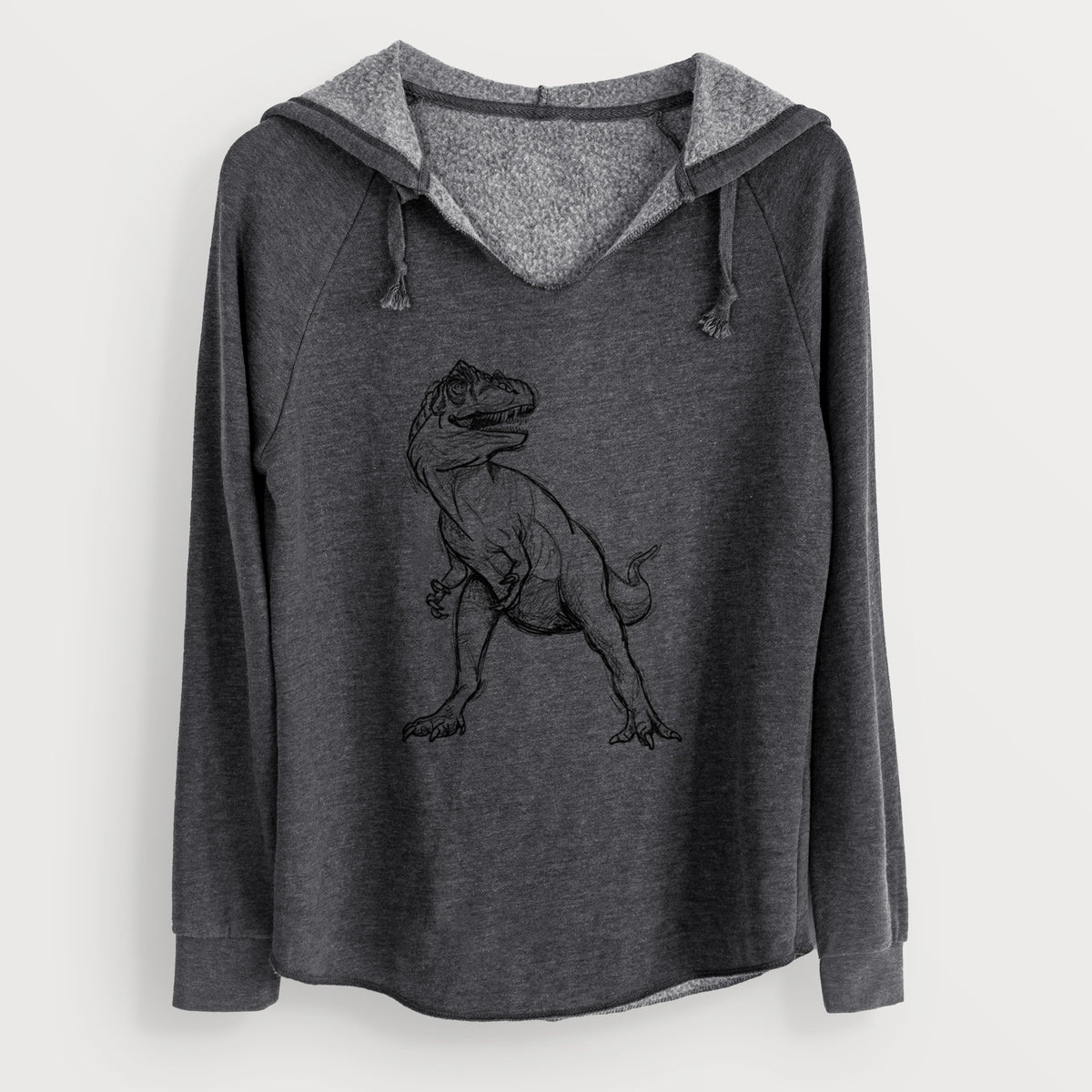Charcoal grey women's Cali Wave hooded sweatshirt laid flat, printed with a black ink illustration of an Allosaurus walking.