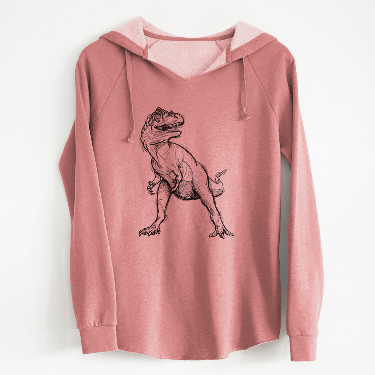 Dusty rose women's Cali Wave hooded sweatshirt laid flat, printed with a black ink illustration of an Allosaurus walking.