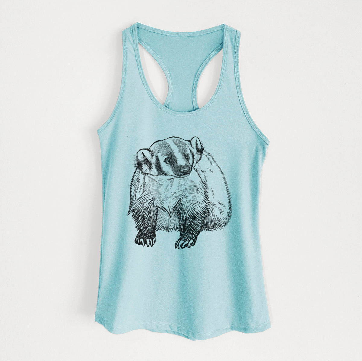 Cancun blue women's racerback tank top laid flat, printed with a detailed black ink illustration of an American badger facing forward.