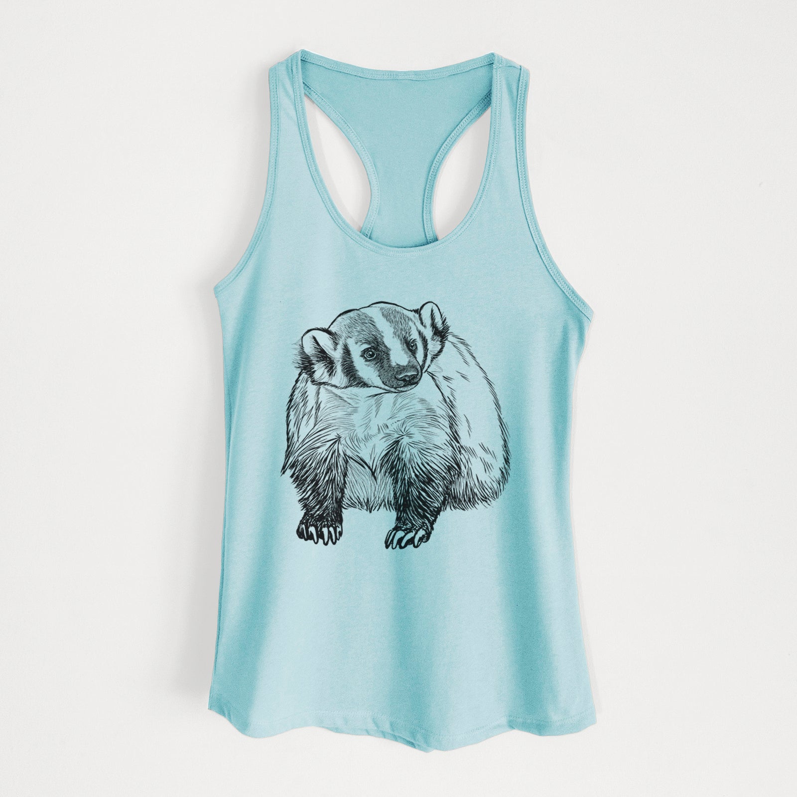 Banana cream women's racerback tank top laid flat, printed with a detailed black ink illustration of an American badger facing forward.