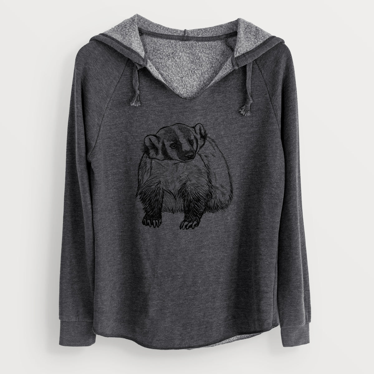 Charcoal grey women's Cali Wave hooded sweatshirt laid flat, printed with a detailed black ink illustration of an American badger facing forward.