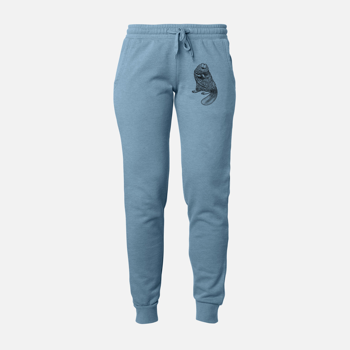 Front of misty blue Cali Wave sweatpants, printed with a detailed black ink illustration of an American beaver sitting upright with its flat tail on the leg.