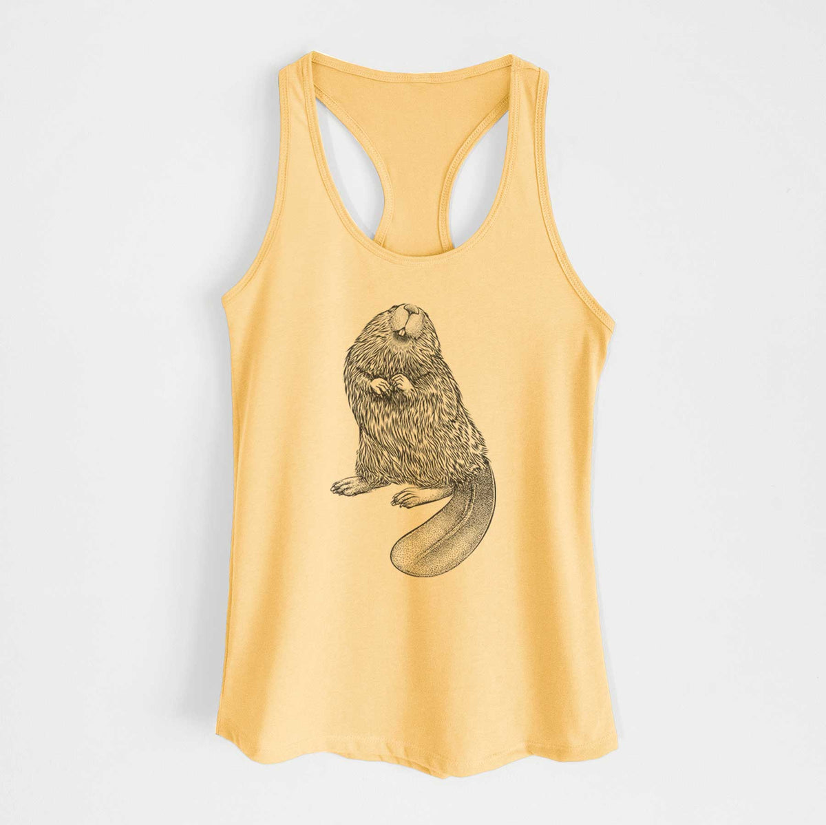 Banana cream women's racerback tank top laid flat, printed with a detailed black ink illustration of an American beaver sitting upright with its flat tail.