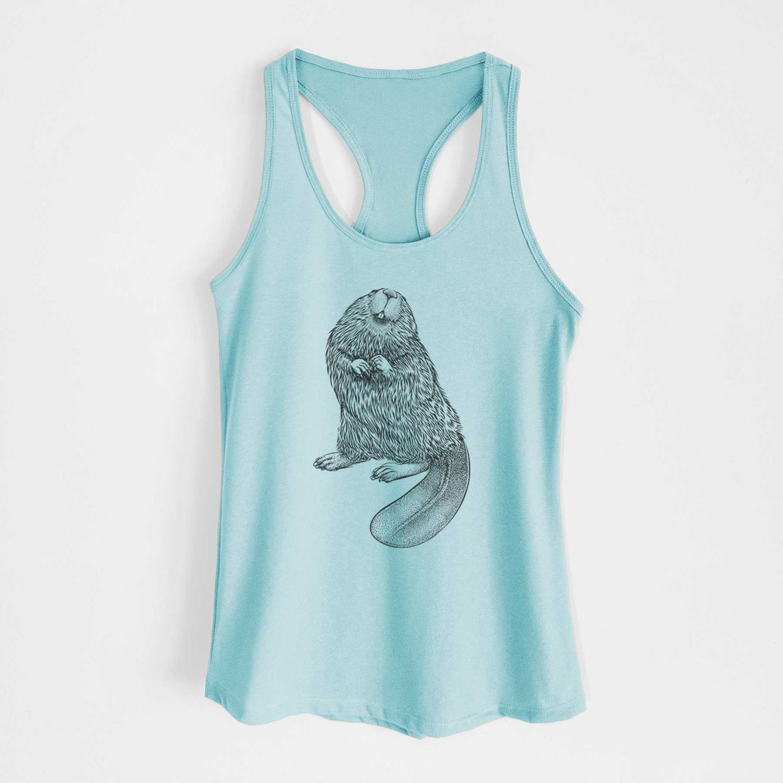 Banana cream women's racerback tank top laid flat, printed with a detailed black ink illustration of an American beaver sitting upright with its flat tail.